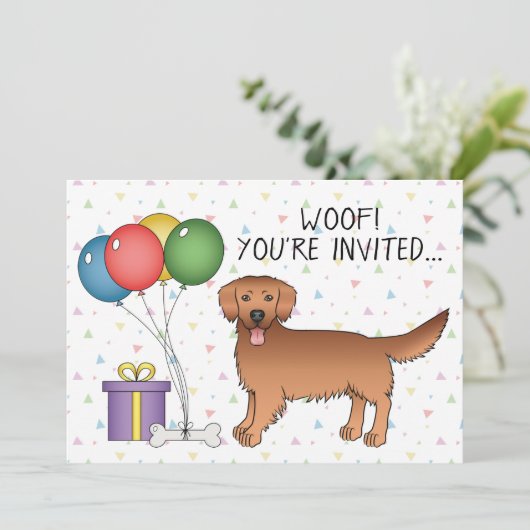 レッドゴールデンレトリバーかわいい漫画の犬 – 誕生日 招待状 (スタンド正面)