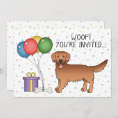 レッドゴールデンレトリバーかわいい漫画の犬 – 誕生日 招待状 (正面/裏面)