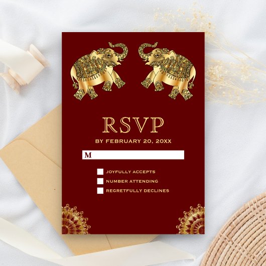 レッドゴールドの民族風象のインドRSVP 出欠カード