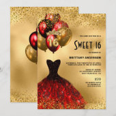 レッドゴールドグリッター ティアラドレス スイート16 誕生日 招待状 (正面/裏面)