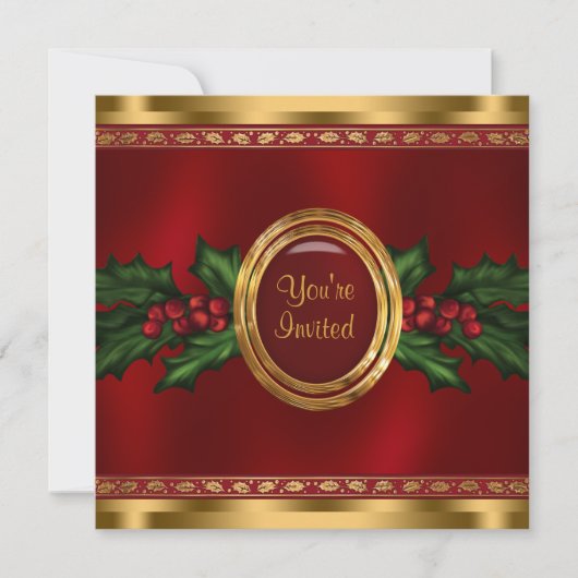 レッドゴールドヒイラギの会社のクリスマスパーティー 招待状 (正面)