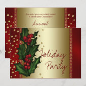 レッドゴールドヒイラギの会社のクリスマスパーティー 招待状 (正面/裏面)