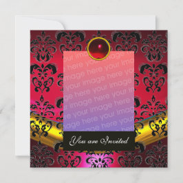 レッドゴールド、ブラックダマスク フォトテンプレート モノグラム 招待状