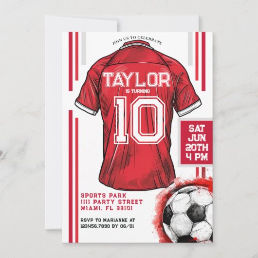 レッドサッカースポーツボーイジャージー子供の誕生日パーティー 招待状 (正面)