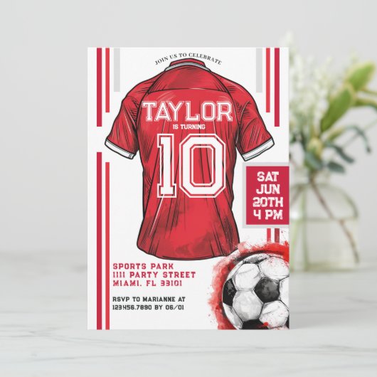 レッドサッカースポーツボーイジャージー子供の誕生日パーティー 招待状 (スタンド正面)