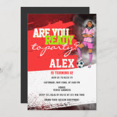 レッドサッカー選手サッカー女子バースデーパーティー 招待状 (正面/裏面)