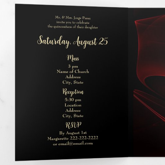 レッドサテンキンセアニェラパーティの招待状 三つ折り招待状 (内部最初)