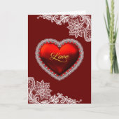 レッドサテンハートホワイトレースバレンタインデー シーズンカード (正面)