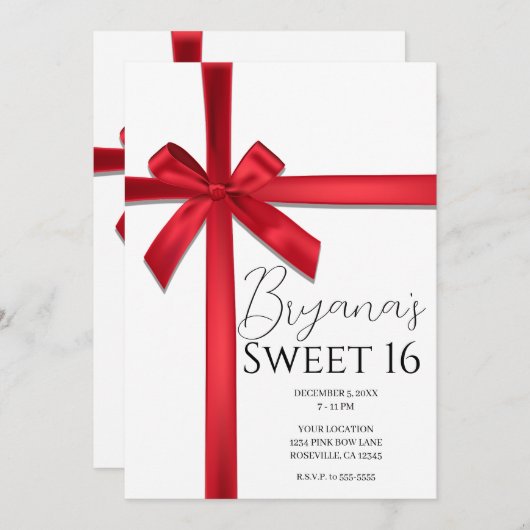 レッドサテンリボンボウスウィート16バースデーパーティー 招待状 (正面/裏面)