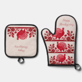 レッドサンクスギビングトルコフローラ 鍋つかみ&鍋敷きセット (正面)