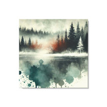 レッドサンセットアクセント付き冬の霧の山の森