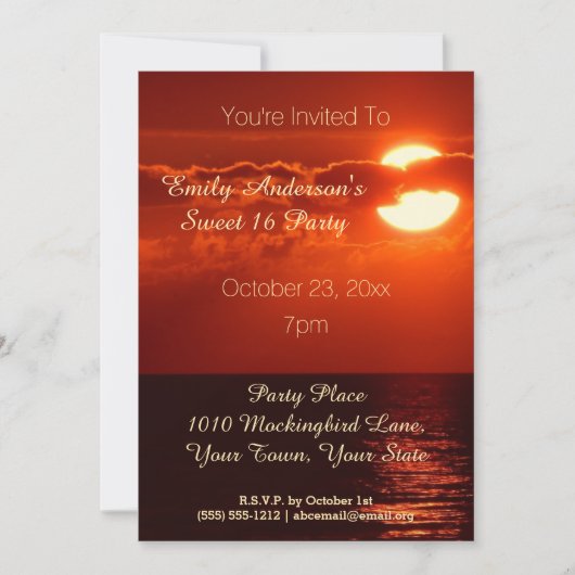 レッドサンセットサマービーチテーマスウィート16誕生日 招待状 (正面)