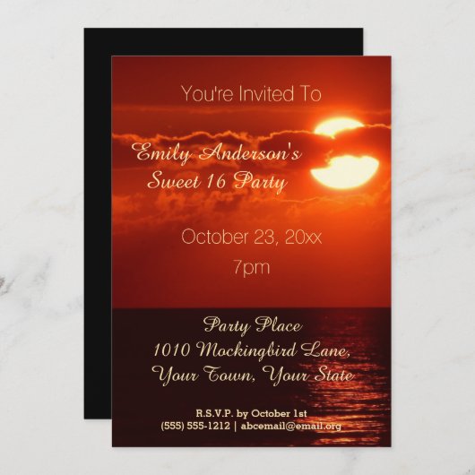 レッドサンセットサマービーチテーマスウィート16誕生日 招待状 (正面/裏面)