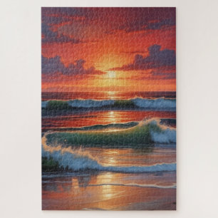レッドサンセット海シー絵を描スケープアートワーク ジグソーパズル