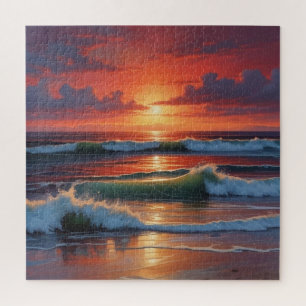 レッドサンセット海シー絵を描スケープアートワーク ジグソーパズル