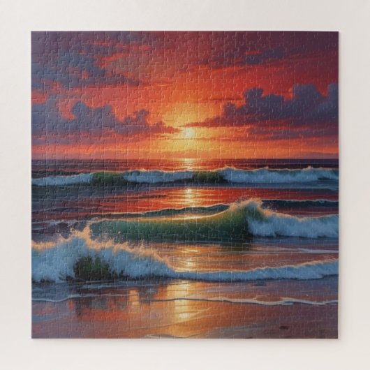 レッドサンセット海シー絵を描スケープアートワーク ジグソーパズル (縦)