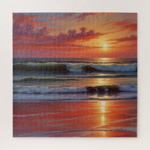 レッドサンセット海シー絵を描スケープアートワーク ジグソーパズル