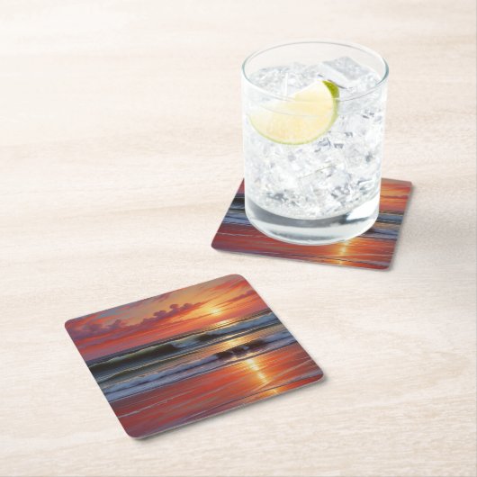 レッドサンセット海シー絵を描スケープアートワーク スクエアペーパーコースター (インサイチュ)