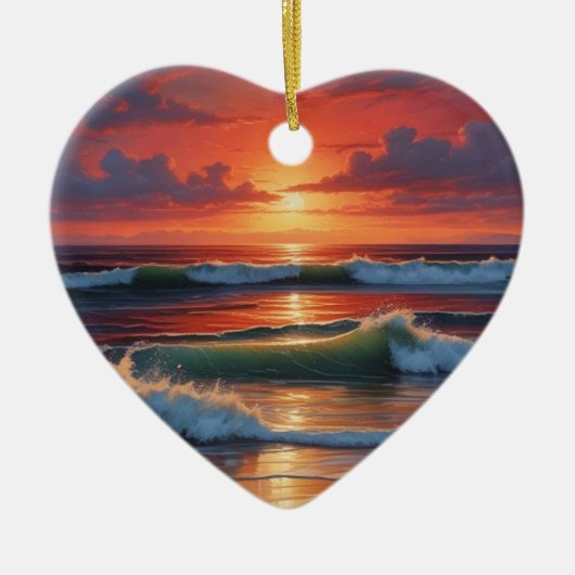 レッドサンセット海シー絵を描スケープアートワーク セラミックオーナメント (正面)