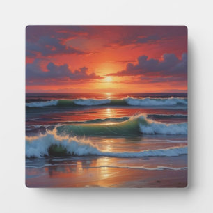レッドサンセット海シー絵を描スケープアートワーク フォトプラーク