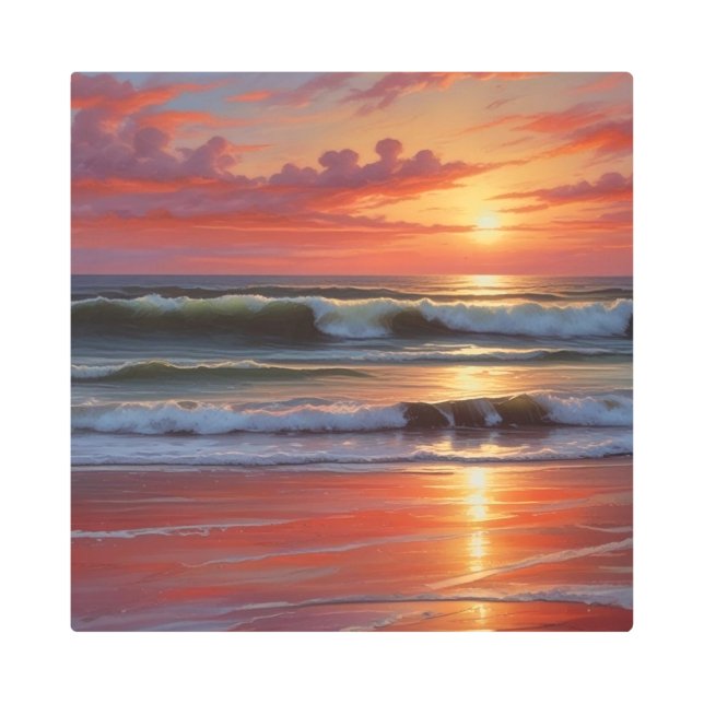 レッドサンセット海シー絵を描スケープアートワーク メタルプリント (正面)