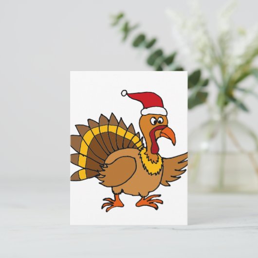 レッドサンタおもしろいハットのクリスマスアートを着たトルコ シーズンポストカード (スタンド正面)