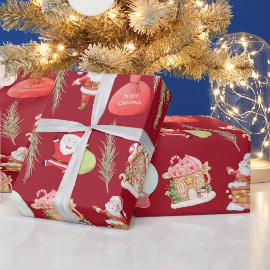 レッドサンタギンガーブレッドハウスホリデー ラッピングペーパー (クリスマス)