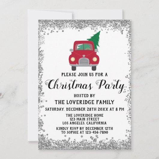 レッドサンタクリスマスツリーホリデークリスマスパーティーシルバー 招待状 (正面)