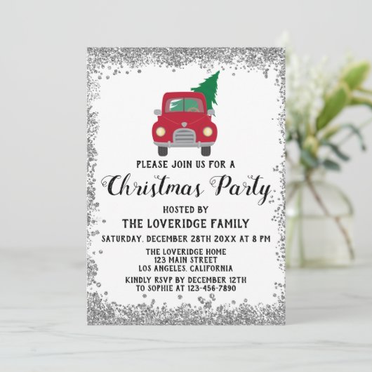 レッドサンタクリスマスツリーホリデークリスマスパーティーシルバー 招待状 (スタンド正面)