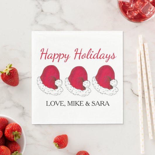 レッドサンタクロースハットクリスマスハッピーホリデイズ スタンダードランチョンナプキン (インサイチュ)