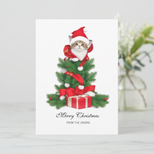 レッドサンタハットのクリスマスで可愛いパーソナライズされた猫 シーズンカード (スタンド正面)