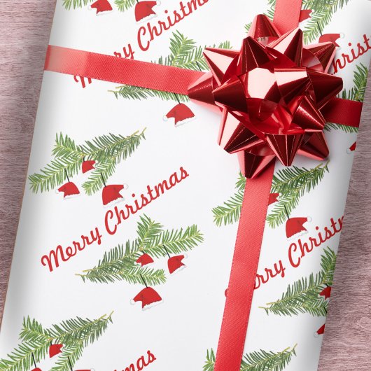 レッドサンタハットオーナメントズオンパインブランチクリスマス ラッピングペーパー