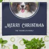 レッドサンタハットカスタム写真テンプレートオンブルー キッチンタオル (折り畳み)