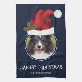 レッドサンタハットカスタム写真テンプレートオンブルー キッチンタオル