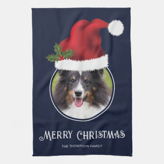 レッドサンタハットカスタム写真テンプレートオンブルー キッチンタオル (縦)