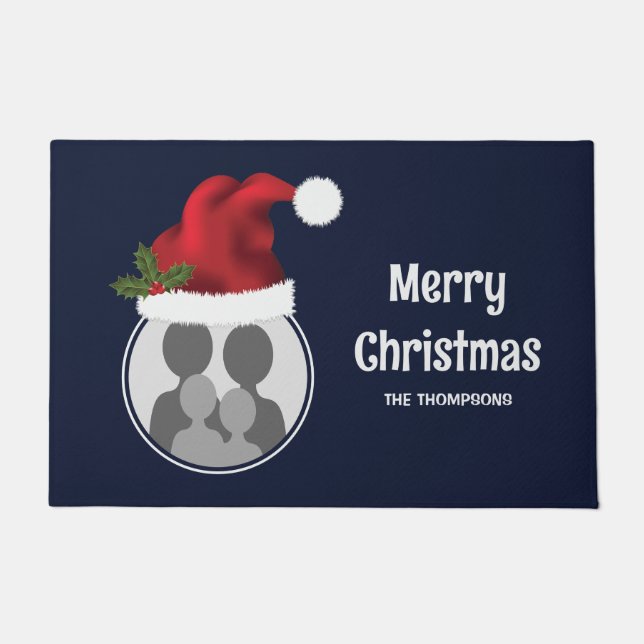 レッドサンタハットカスタム写真テンプレートオンブルー ドアマット (正面)