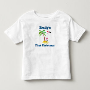 レッドサンタハットクリスマスにピンクのフラミンゴカスタム トドラーTシャツ