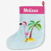 レッドサンタハットクリスマスにピンクのフラミンゴ ラージクリスマスストッキング (裏面)