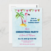 レッドサンタハットクリスマスにピンクフラミンゴパーティー ポストカード (正面/裏面)