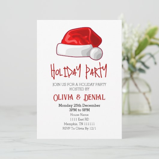 レッドサンタハットクリスマスホリデーパーティー招待状 シーズンカード (スタンド正面)