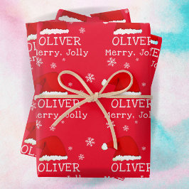 レッドサンタハットスノーフレークメリーキッズ ラッピングペーパーシート