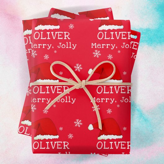 レッドサンタハットスノーフレークメリーキッズ ラッピングペーパーシート