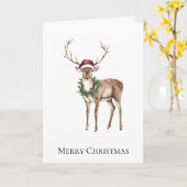 レッドサンタハットトナカイのクリスマス カード (黄色い花)