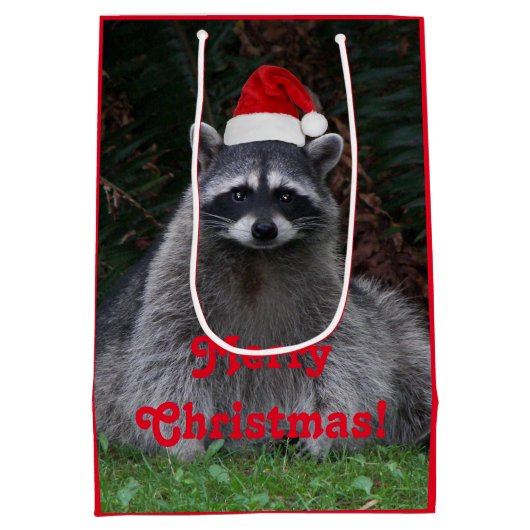 レッドサンタハットホリデーを着た可愛いアライグマ ミディアムペーパーバッグ (裏面)