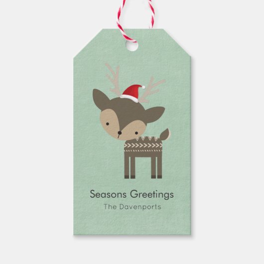 レッドサンタハットレトロヒップスターのクリスマスディアー ギフトタグ (正面)