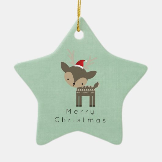 レッドサンタハットレトロヒップスターのクリスマスディアー セラミックオーナメント (正面)