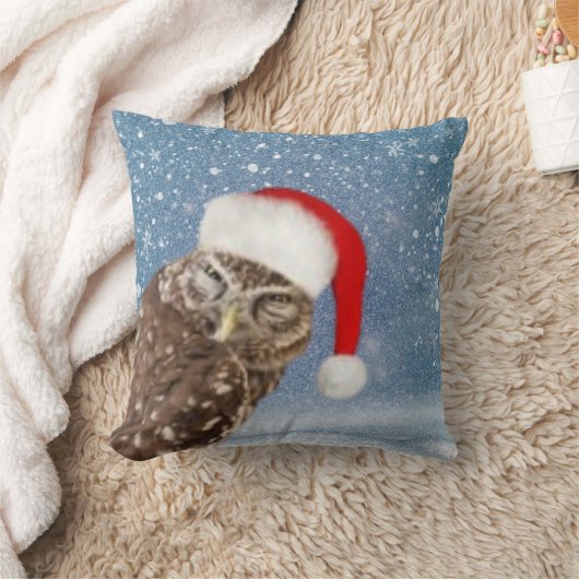 レッドサンタハット雪のかわいいクリスマスフクロウ クッション (ブランケット)