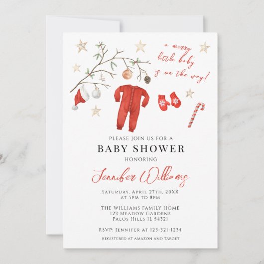レッドサンタベビークリスマスウィンターベビーシャワー 招待状 (正面)