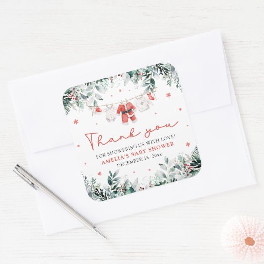 レッドサンタベビークリスマスクロザラインベビーシャワー スクエアシール (封筒)