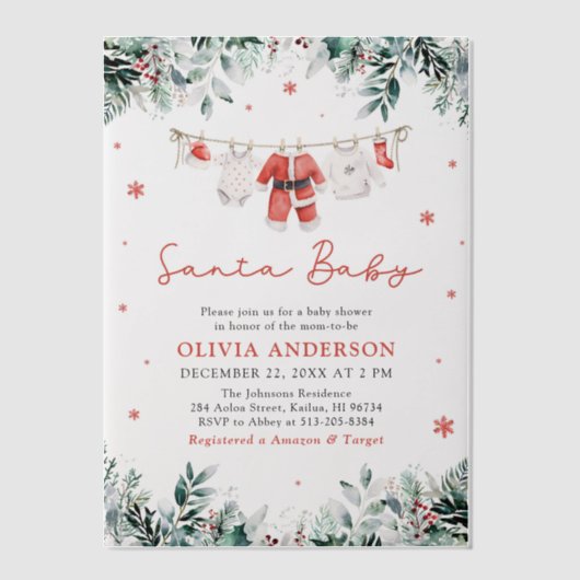 レッドサンタベビークリスマスクロザラインベビーシャワー ベラム紙招待状 (正面)